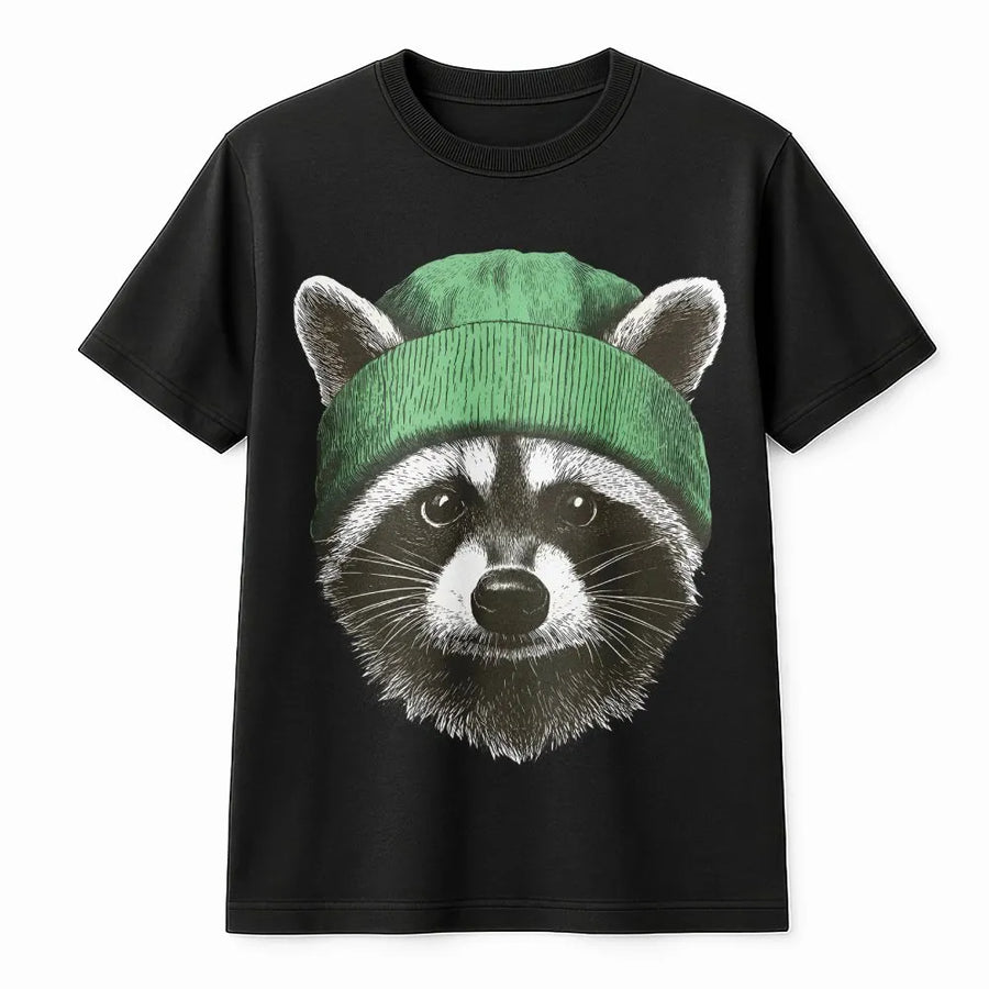 Raccoon T-Shirt with Green Beanie | Cute Animal Graphic Print | Soft 100% Cotton | Funny Nature Lover Gift for Men and Women