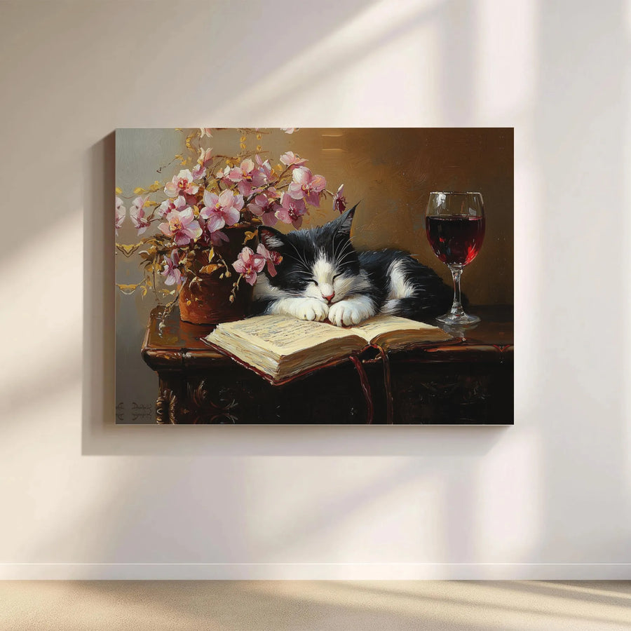 Sleeping Cat Wall Art | Cozy Reading Book Illustration with Wine | Premium Gallery Wrap Canvas | Whimsical Home Decor Gift for Cat Lovers