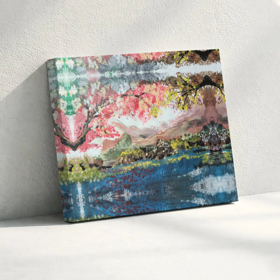 Abstract Landscape Canvas Wall Art | Symmetrical River & Forest Scene | Premium Fade-Resistant Gallery Wrap | Modern Home Office Decor Gift