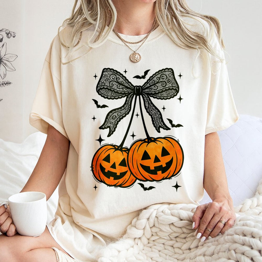 Pumpkin Cherry Bow T-Shirt | Spooky Cute Halloween Graphic Tee | 100% Cotton Premium Quality | Festive Fall Gift For Women & Teens