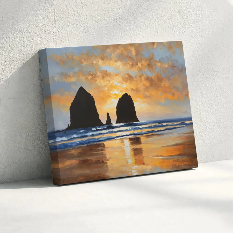 Cannon Beach Canvas Wall Art | Oregon Coast Sunset Painting Print | Gallery Wrapped Premium Canvas | Pacific Northwest Coastal Home Decor Gift