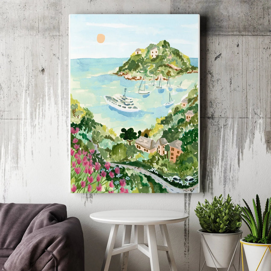 Portofino Italy Vertical Canvas | Watercolor Coastal Seascape Painting | Premium Thick Gallery Wrap | Travel Lover Wall Decor Gift