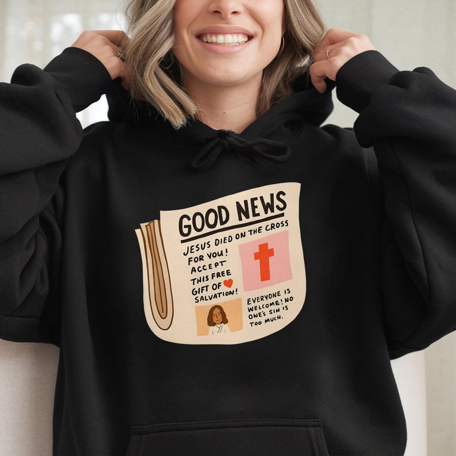 Good News Christian Hoodie | Jesus Salvation Gospel Newspaper Graphic | Premium Cotton Blend | Faith-Based Gift For Men And Women
