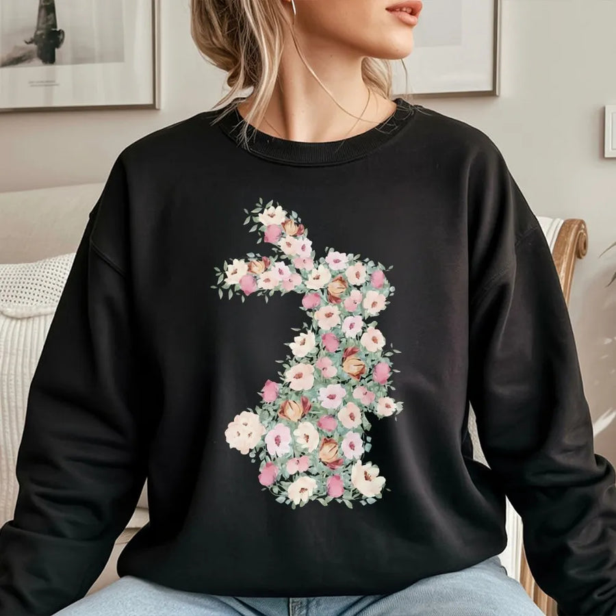 Floral Bunny Easter Sweatshirt | Watercolor Rabbit Graphic Tee | Premium Soft Cotton Blend | Cute Spring Holiday Gift for Her
