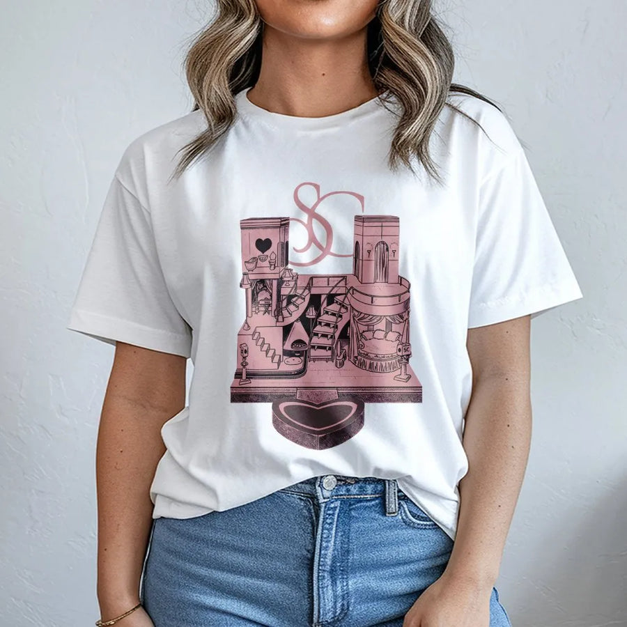 Graphic Music Album T-Shirt | Pink Dollhouse Bedroom Illustration | Premium 100% Cotton Tee | Gift for Pop Music Fans