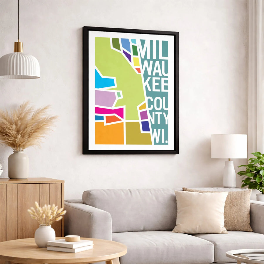 Milwaukee County Map Canvas Art | Colorful Abstract Wisconsin Print | 1.25-Inch Gallery Wrap | Modern Home Decor Gift for Wisconsinites