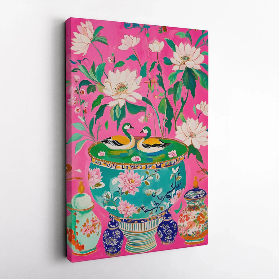 Chinoiserie Duck Wall Art | Mandarin Ducks In Turquoise Bowl Floral Print | Premium Gallery Wrap Canvas | Elegant Maximalist Home Decor Gift