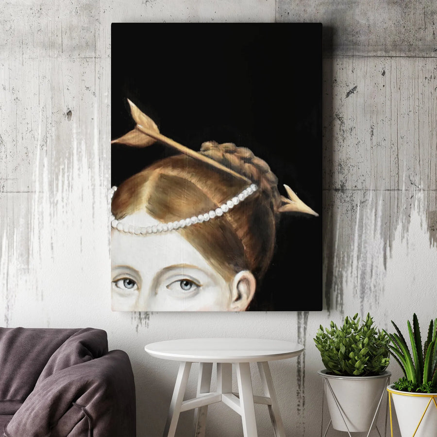 Surreal Renaissance Portrait Canvas | Lady with Arrow and Pearls Wall Art | Premium Gallery Wrapped Print | Unique Dark Academia Home Decor Gift