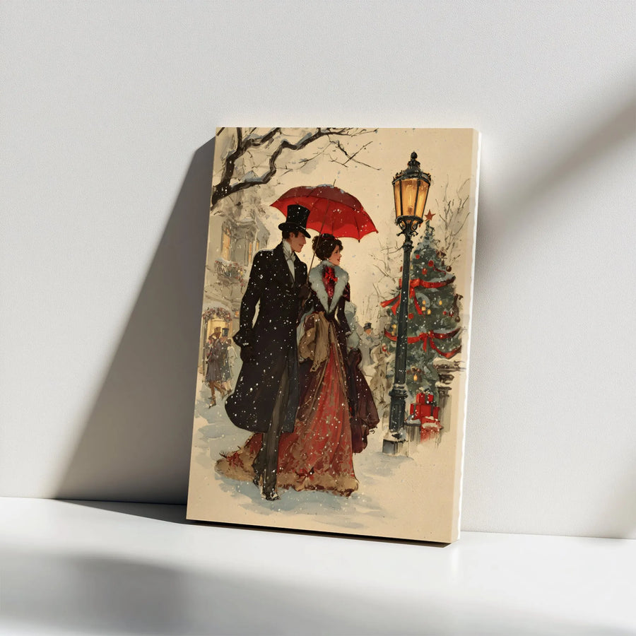 Victorian Christmas Wall Art | Snowy Couple With Red Umbrella | Gallery Wrap Canvas Print | Nostalgic Holiday Home Decor