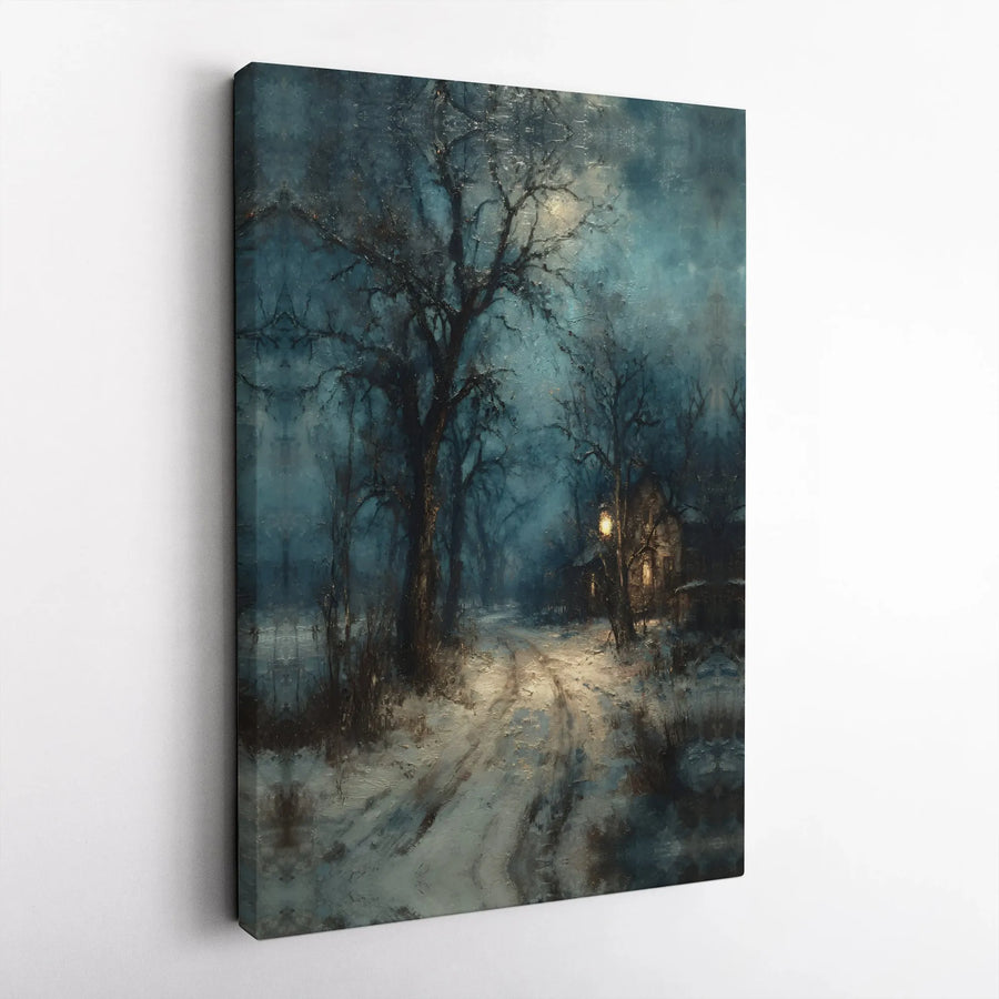 Moody Winter Forest Canvas Wall Art | Snowy Cabin Night Landscape | Premium Fade-Resistant Gallery Wrap | Cozy Home Decor Gift