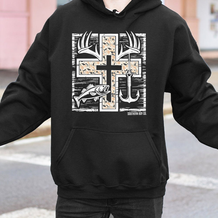 Hunting And Fishing Cross Hoodie | Camo Deer Antler Design | Premium Cotton Blend | Gift For Outdoor Enthusiasts Outdoorsman Apparel