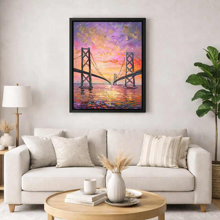 Bay Bridge Canvas Wall Art | Impasto Sunset Impressionist Painting | Premium Fade-Resistant Print | Elegant Home & Office Decor Gift
