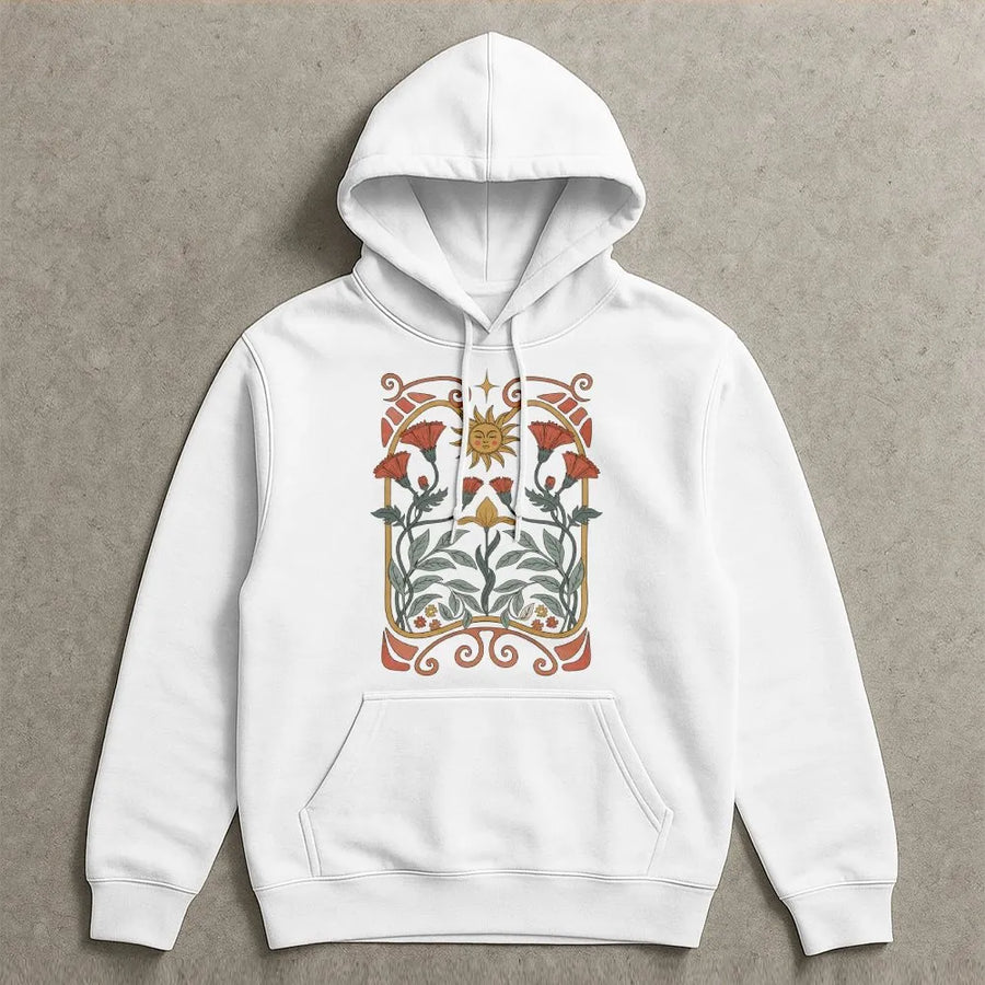 Art Nouveau Floral Hoodie | Mystical Sun & Wildflower Graphic | Premium Comfort Colors Cotton Shirt | Boho Hippie Style Gift for Her