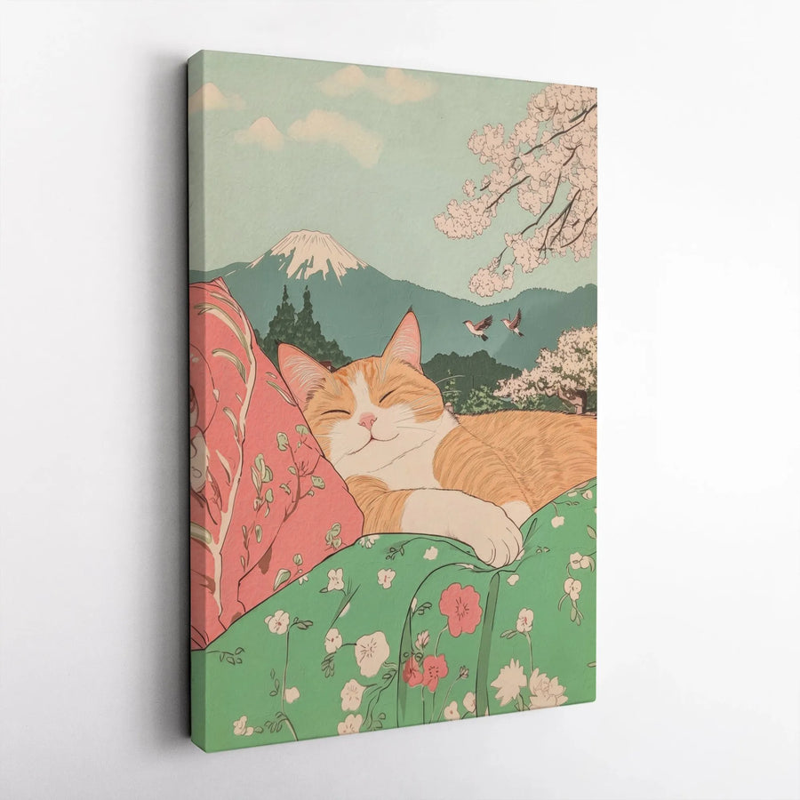 Japanese Cat Art Vertical Canvas | Sleeping Ginger Cat with Mount Fuji & Sakura | Premium Gallery Print | Cat Lover Gift for Home Decor
