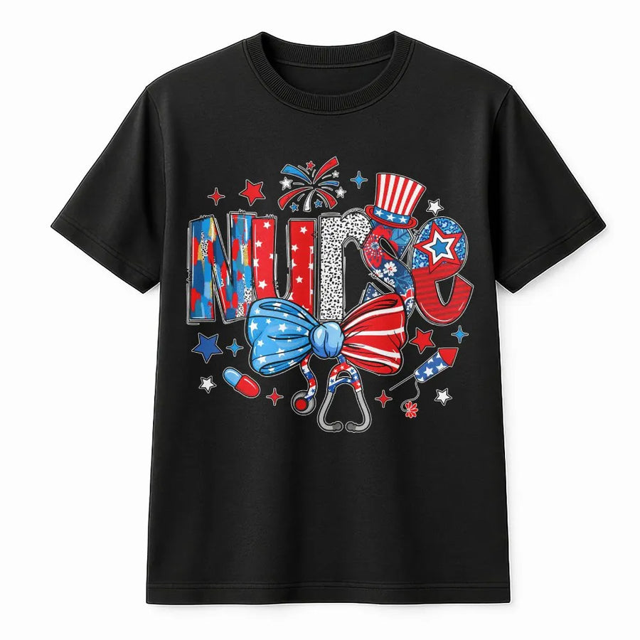 Patriotic Nurse T-Shirt | Coquette American Flag Design with Stethoscope Bow | Soft Cotton Blend | 4th of July Gift for ER, ICU, LPN Nurses