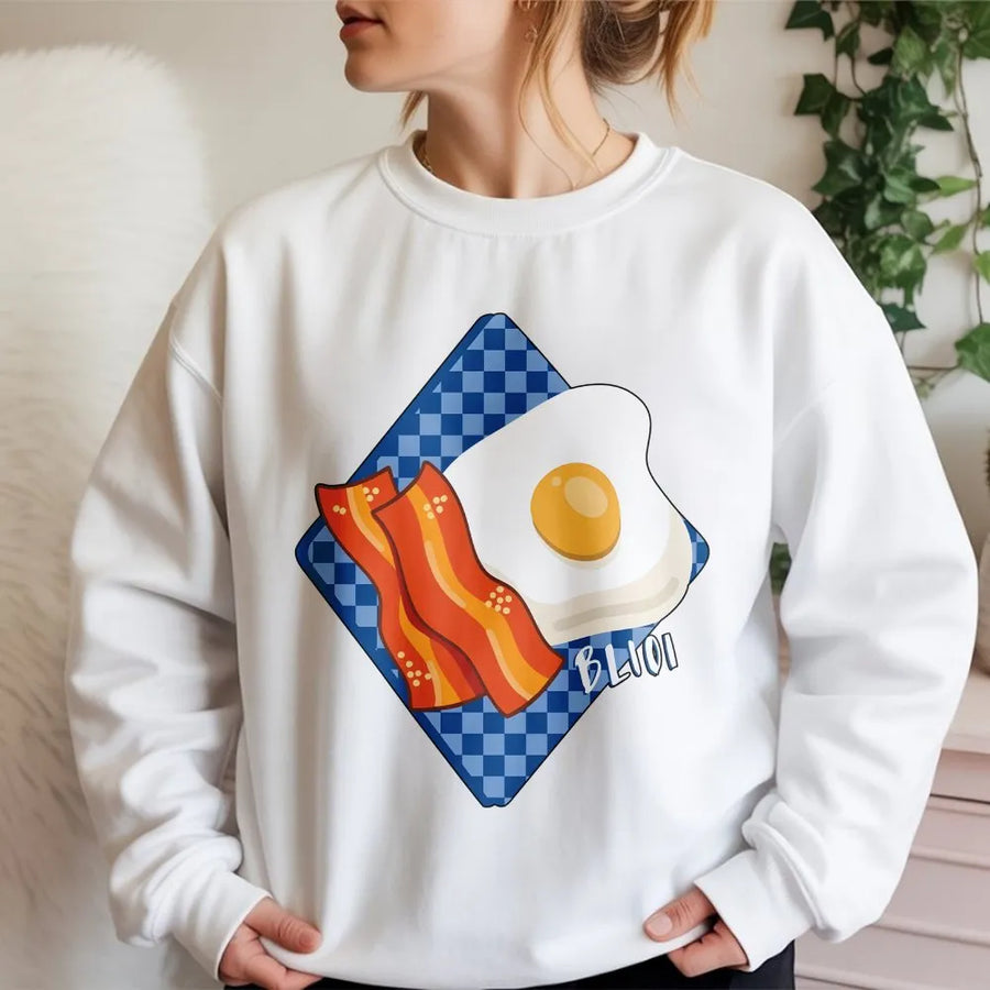 Baseball Breakfast Sweatshirt | Bacon and Egg Checkered Diner Design | Soft Cotton Blend | Game Day Apparel for Baseball Fans