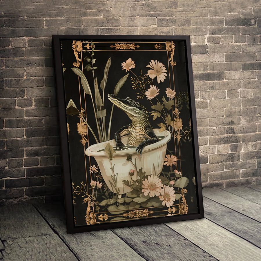 Alligator in Bathtub Wall Art | Whimsical Botanical Floral Canvas Print | Premium Gallery-Wrapped 1.25" Profile | Quirky Bathroom Home Decor Gift