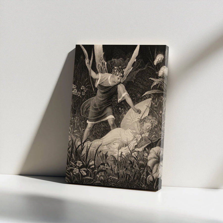 Vintage Fairy Vertical Canvas Print | Mythical Garden Engraving Style Art | Premium Gallery Wrapped Canvas | Dark Academia Home Decor Gift for Fantasy Lover