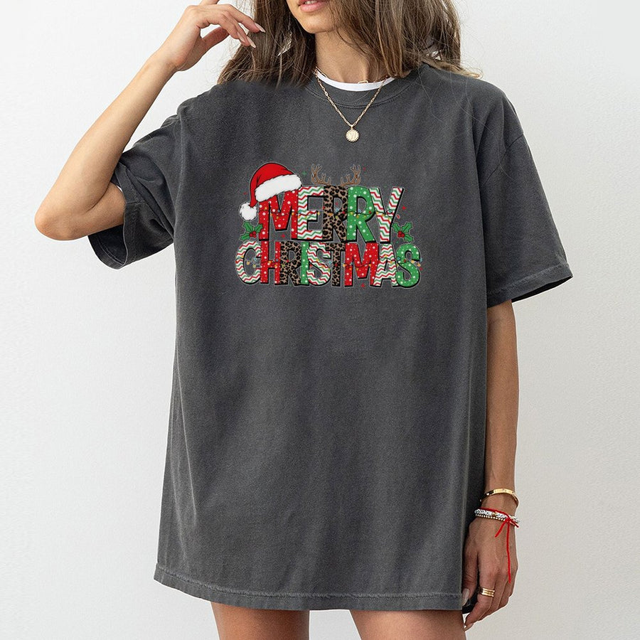 Merry Christmas T-Shirt | Leopard Print Reindeer Antlers Graphic | 100% Premium Cotton | Festive Holiday Apparel Gift for Women and Family