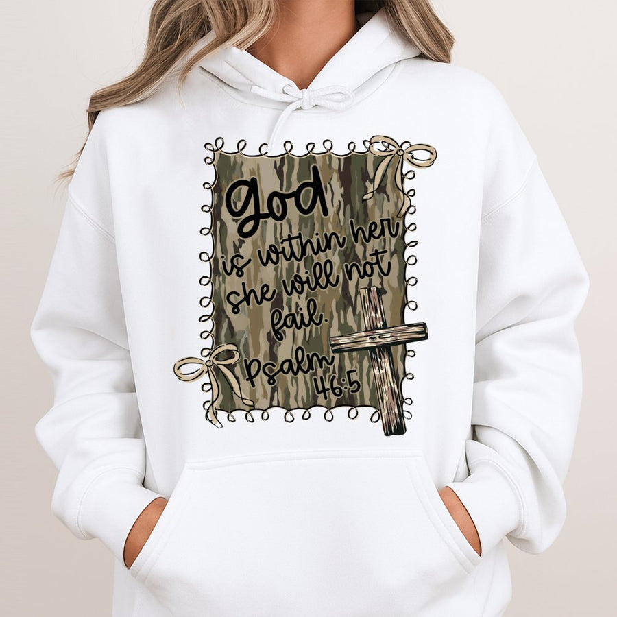 God Is Within Her She Will Not Fail Hoodie | Psalm 46:5 Bible Verse Print | Premium Cotton-Blend Comfort | Christian Faith Gift for Women