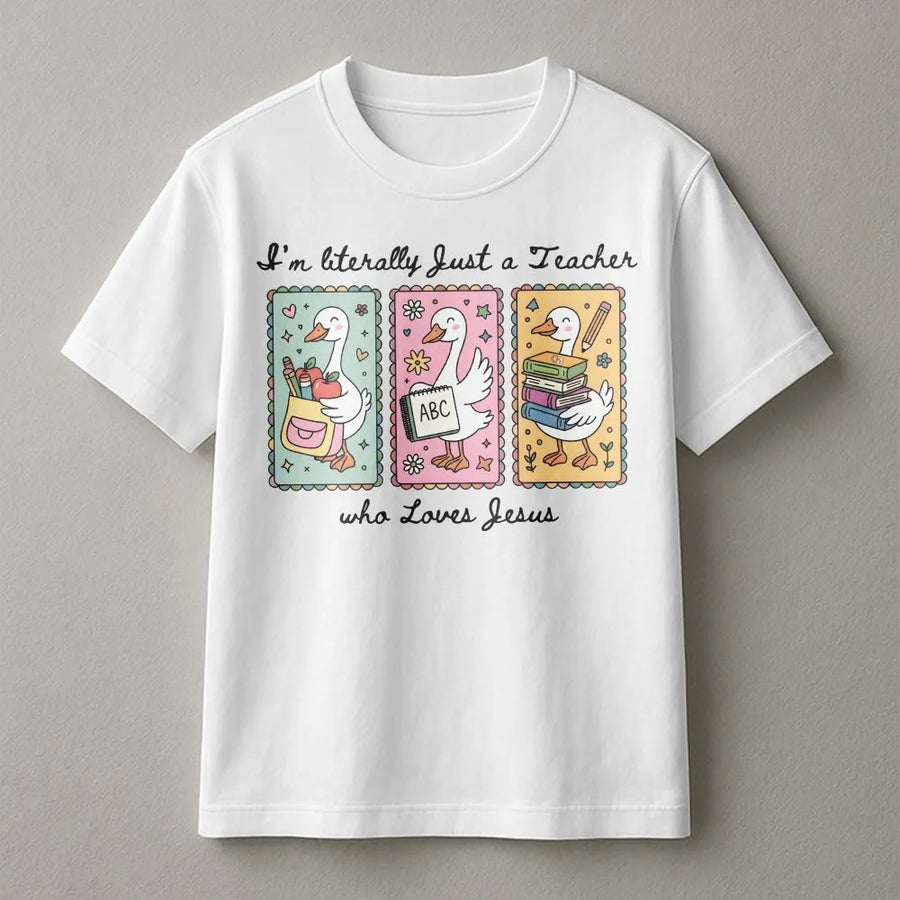 Christian Teacher Shirt | Cute Goose Graphic 'Loves Jesus' Quote Tee | Premium Soft Cotton | Faith Based Teacher Appreciation Gift