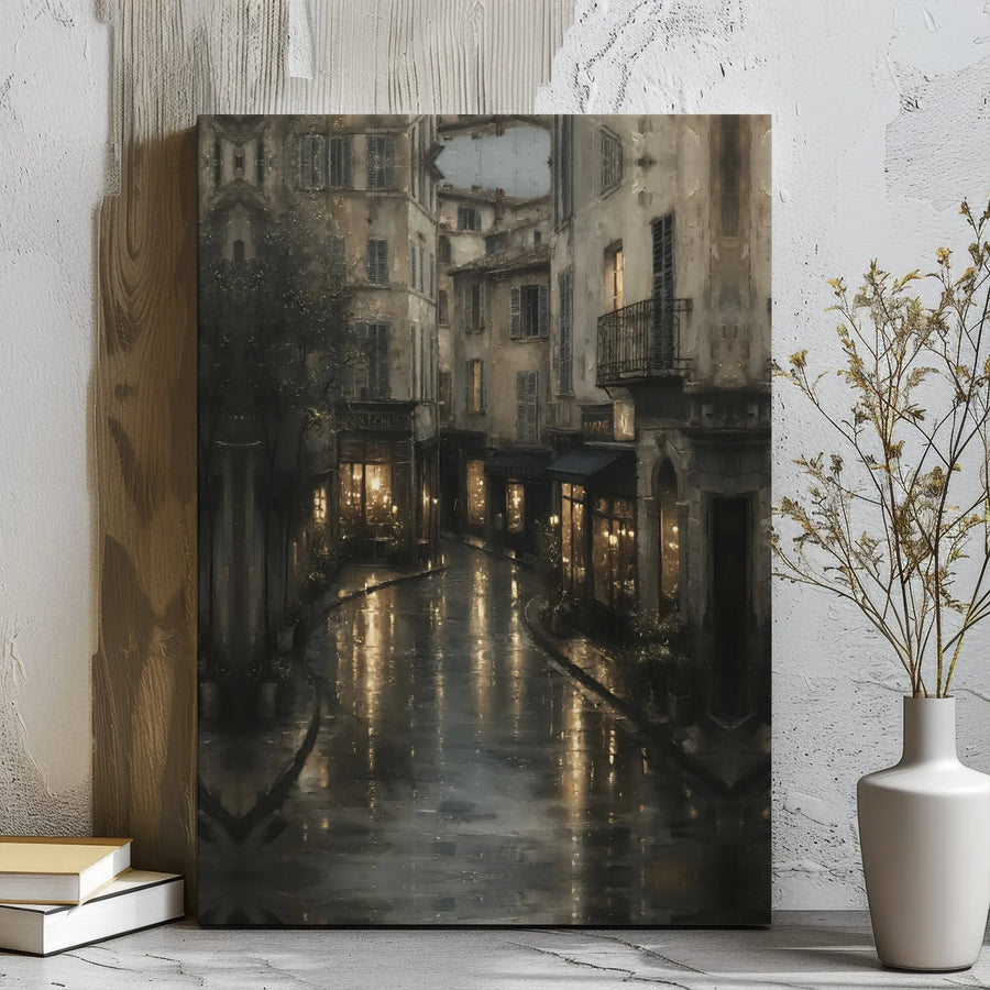 Rainy Parisian Street Canvas Print | Impressionist Night Cityscape | Gallery Wrapped Wall Art | Elegant Home Office Decor Gift