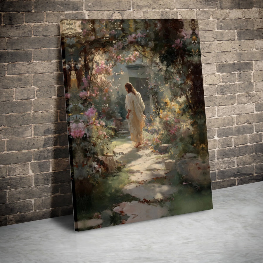 Jesus Christ Canvas Wall Art | Impressionist Floral Garden Scene | Fade-Resistant Gallery Print | Christian Home Decor Gift