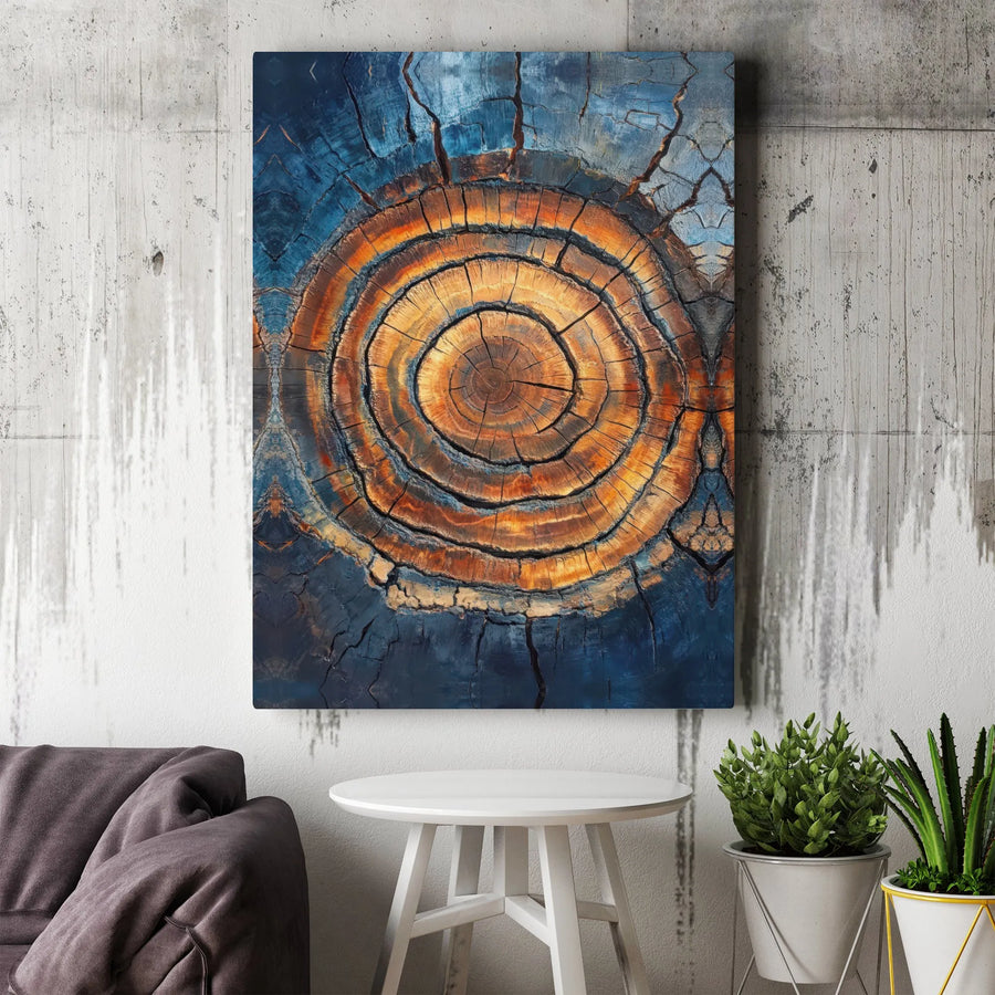 Abstract Tree Rings Wall Art | Blue and Orange Wood Grain Canvas | Premium Gallery-Wrapped Decor | Modern Home Office Statement Piece
