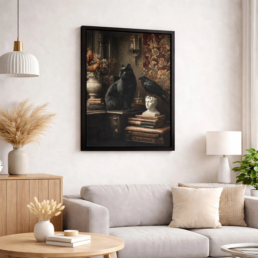 Gothic Black Cat and Raven Canvas | Dark Academia Library Art | Premium Fade-Resistant Wall Decor | Moody Gift for Book Lovers