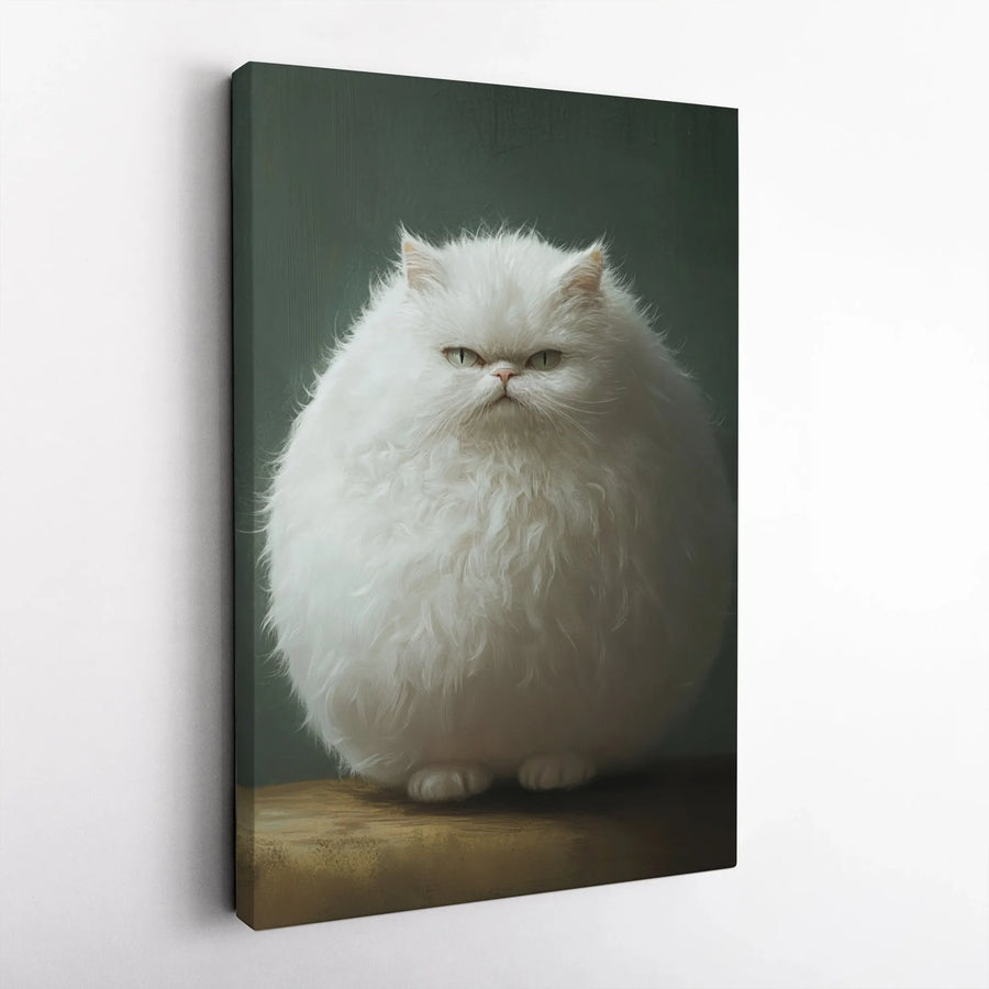 Grumpy Round White Cat Portrait Canvas | Funny Fluffy Persian Art | Premium Gallery-Wrapped Print | Whimsical Animal Home Decor Gift