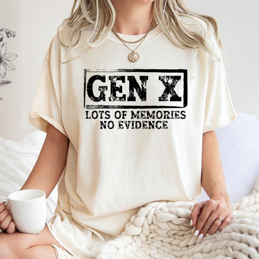 Gen X T-Shirt | Lots Of Memories No Evidence Sarcastic Quote | Premium 100% Cotton Tee | Retro 80s 90s Birthday Gift For Men And Women