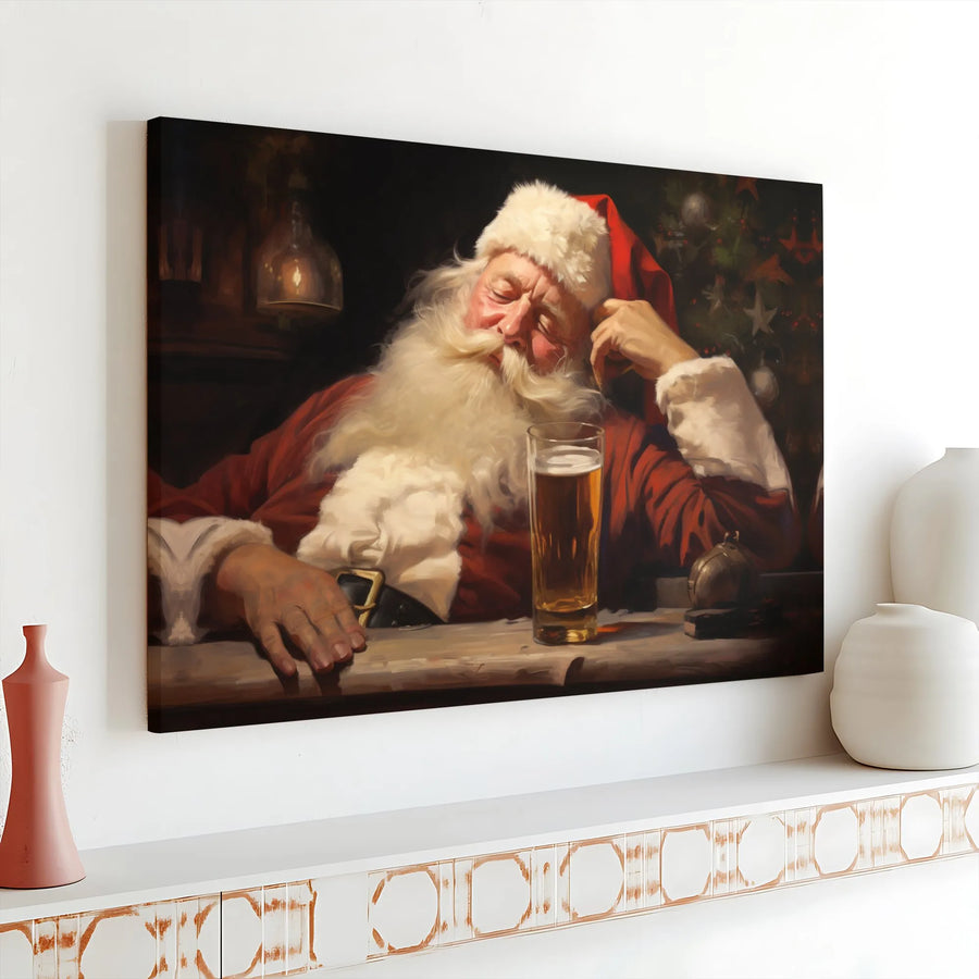 Sleeping Santa Claus Canvas Print | Funny Drinking Beer Holiday Wall Art | Premium Gallery Wrap Decor | Unique Christmas Gift for Men