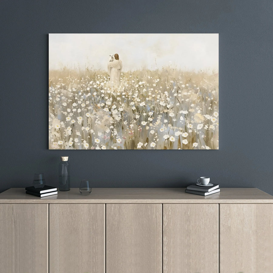 Jesus With Lamb Wall Art | Impressionist Field Of Wildflowers Canvas | Premium Gallery Wrap Decor | Inspirational Religious Gift For Home