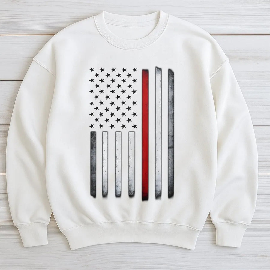 Thin Red Line Flag Sweatshirt | Distressed American Flag Graphic | Premium Crewneck Pullover | Gift for Firefighter Supporter