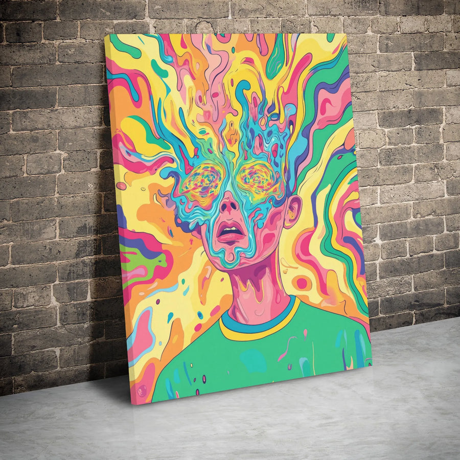 Psychedelic Mind Explosion Canvas | Surreal Melted Face Abstract Art | Premium Gallery Wrap | Vibrant Wall Decor for Office or Living Room