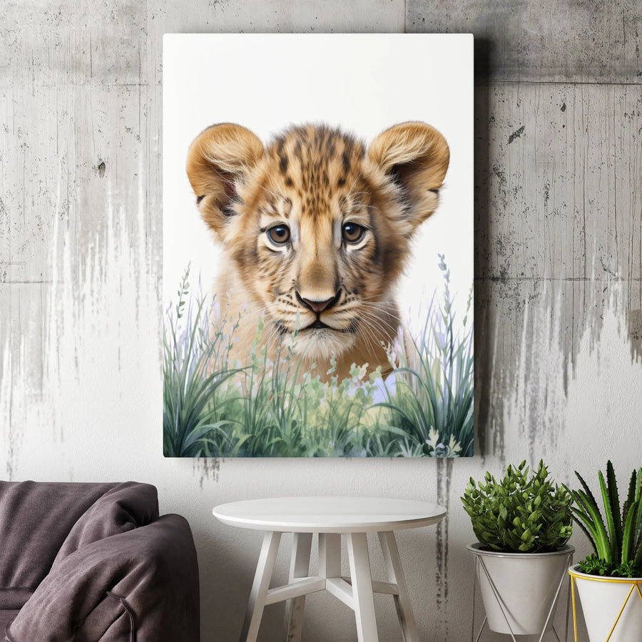 Baby Lion Cub Canvas Wall Art | Watercolor Safari Nursery Decor | 1.25-Inch Gallery Wrap | Premium Wildlife Animal Print Gift for Kids