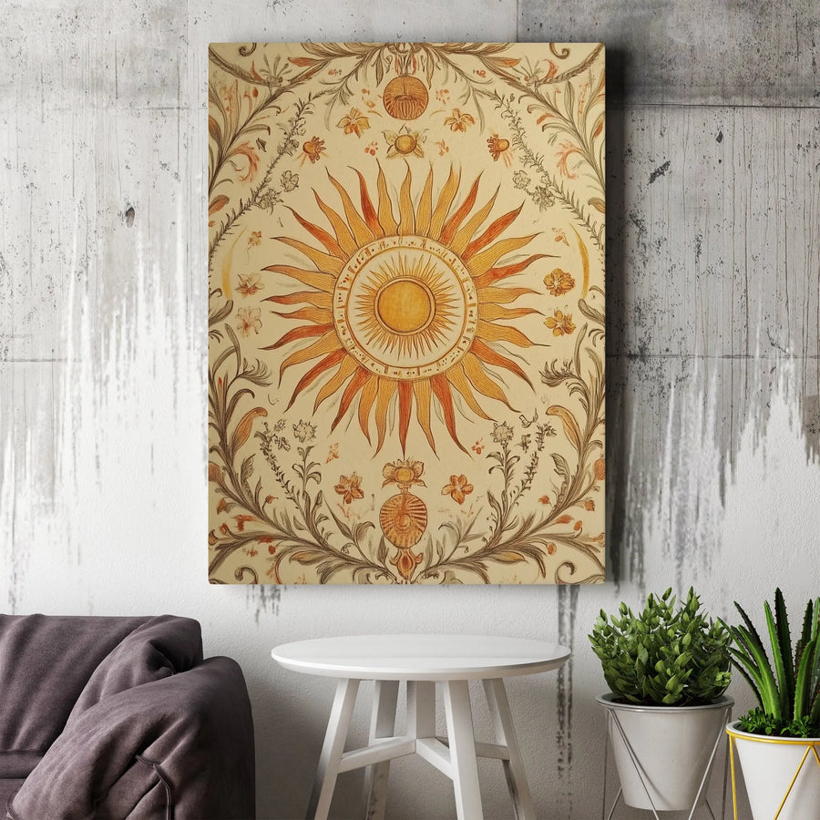 Celestial Sun Vertical Canvas | Vintage Astrology & Floral Illustration | Premium Frameless Canvas | Boho Wall Decor Gift for Her