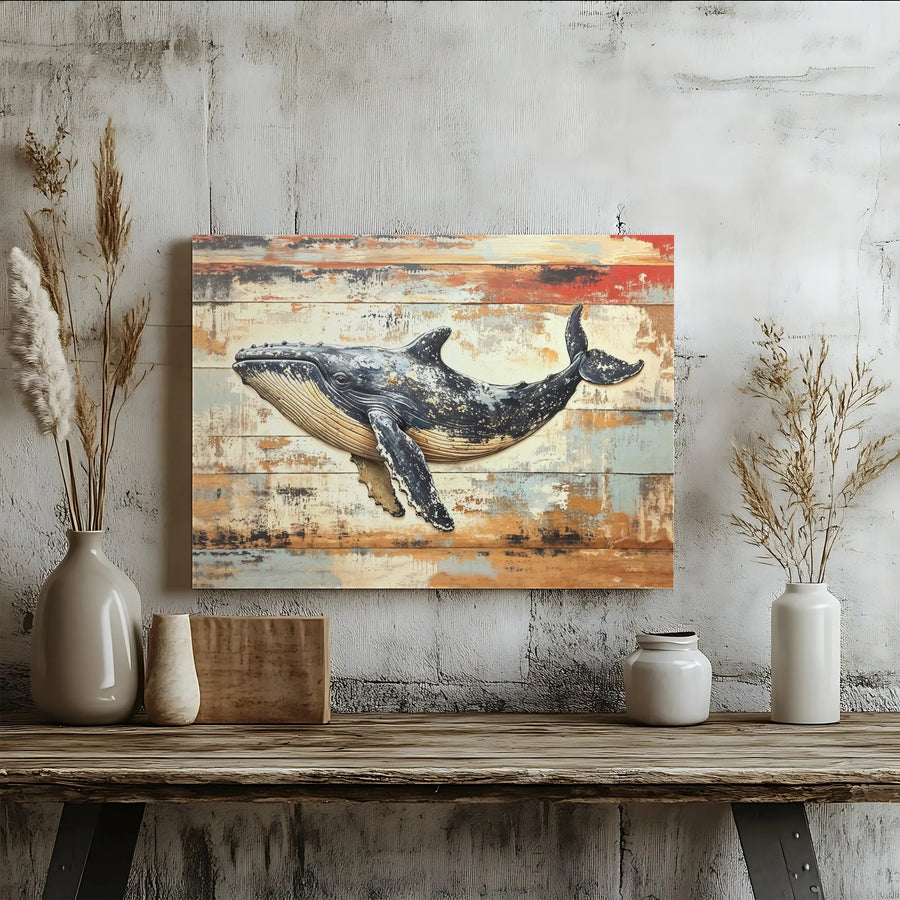 Humpback Whale Canvas Wall Art | Rustic Distressed Wood Design | Premium Gallery Wrap Print | Coastal Home Office Decor Gift
