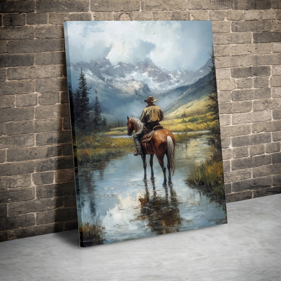 Cowboy On Horseback Wall Art | Western Mountain Landscape Print | Premium 1.25" Gallery Canvas | Rustic Home Decor For Living Room