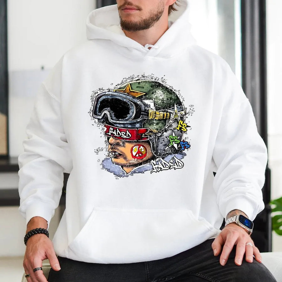 Faded Graphic Hoodie | Streetwear Soldier Helmet Print | Premium Cotton Blend | Unisex Y2K Aesthetic Gift for Teens and Young Adults