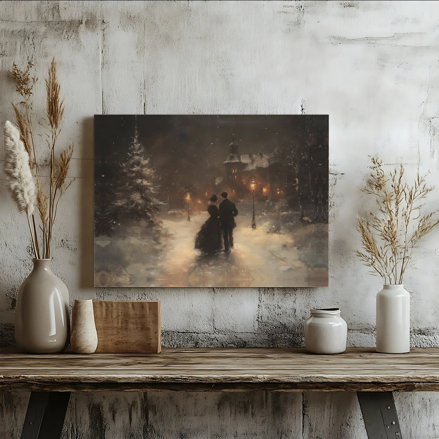 Victorian Winter Couple Canvas Print | Romantic Snowy Evening Oil Painting Style | Premium Gallery Wrap Wall Art | Cozy Christmas Home Decor Gift