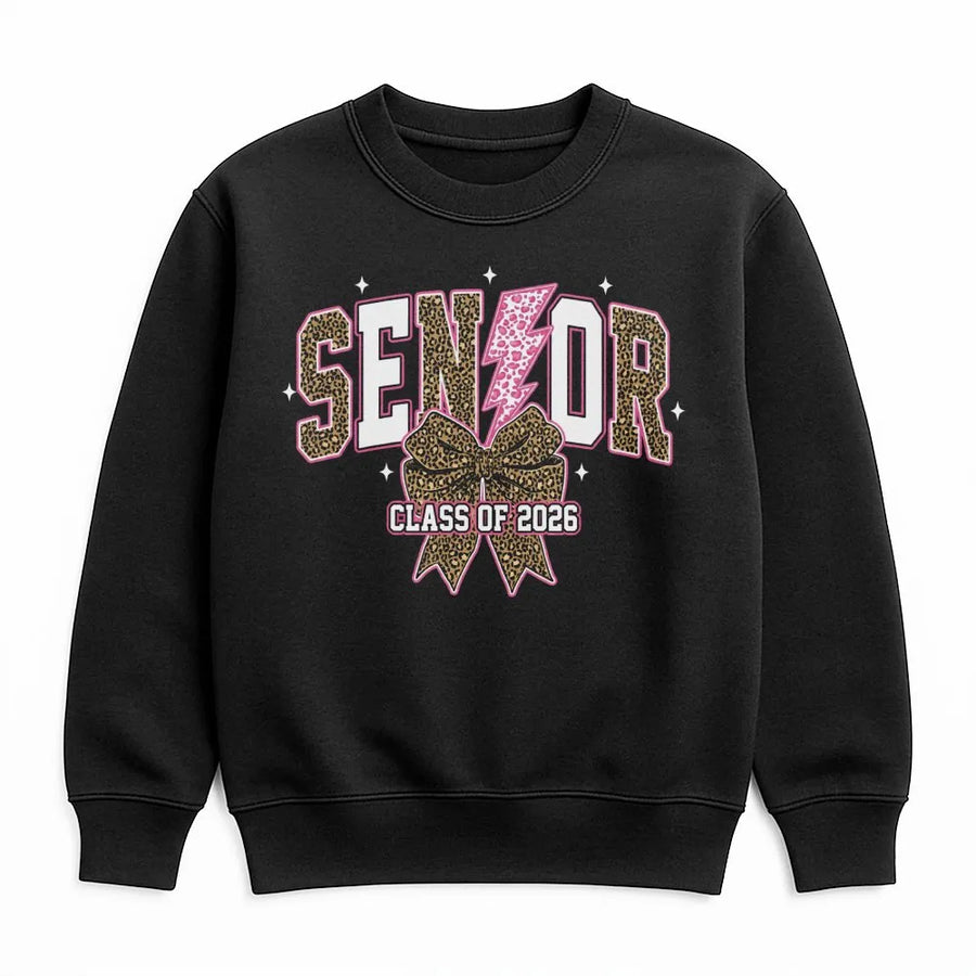 Senior 2026 Sweatshirt | Leopard Print Bow & Lightning Bolt Graphic | Premium Cotton Blend | Graduation Gift for High School Seniors