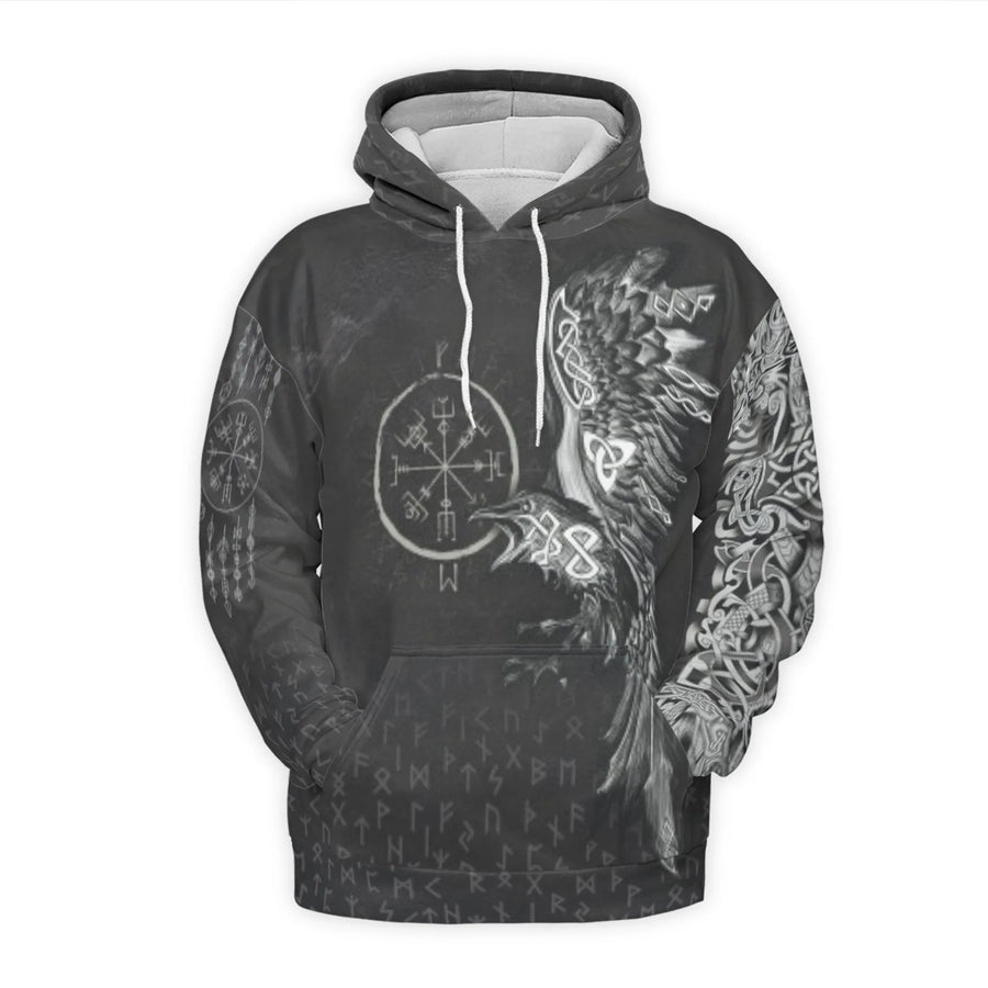 Viking Raven Hoodie | Vegvisir Norse Runes 3D Graphic Print | Premium Polyester Fleece | Unisex Norse Mythology Gift for Men and Women
