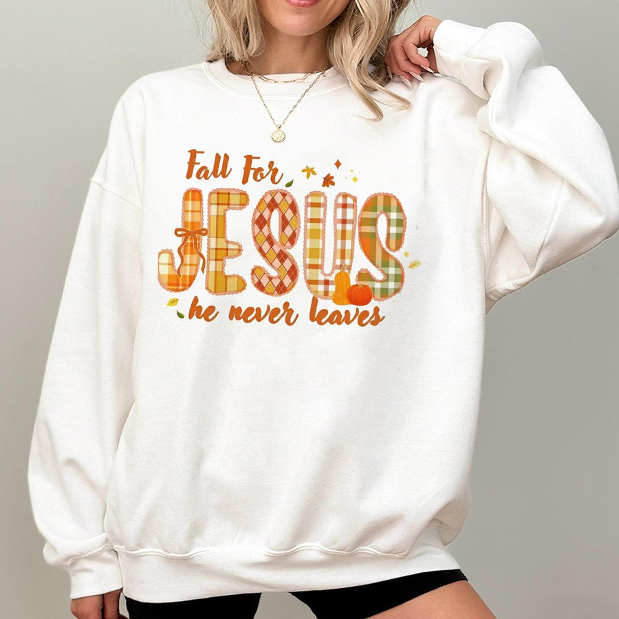 Fall For Jesus Sweatshirt | Plaid Pumpkin Christian Faith Design | Soft Cotton Blend Crewneck | Religious Autumn Gift For Women And Men