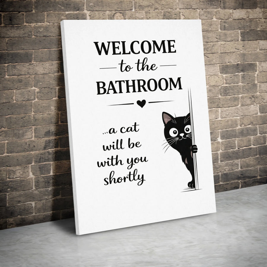 Welcome To The Bathroom Canvas Wall Art | Funny Peeking Black Cat Decor | Premium Gallery Wrapped Print | Unique Housewarming Gift For Cat Lovers