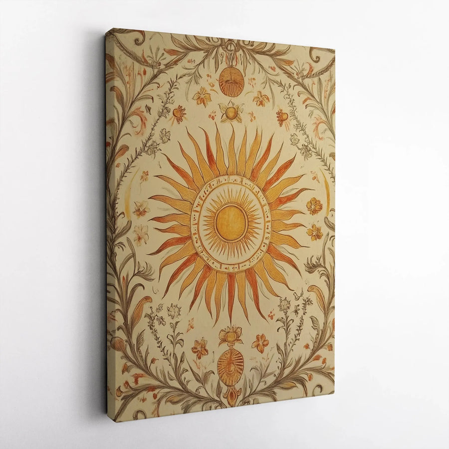 Vintage Sun Wall Art Canvas | Bohemian Floral Celestial Print | Premium 1.25 Inch Gallery Wrap | Aesthetic Home Decor Gift
