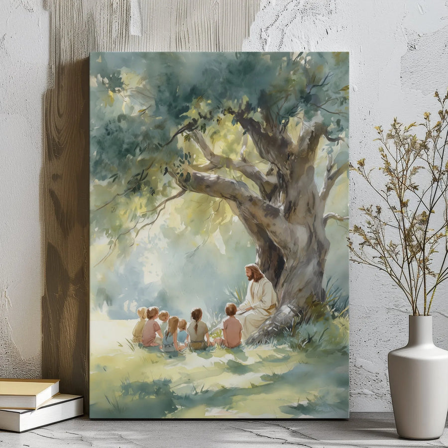 Jesus Teaching Children Canvas | Watercolor Religious Wall Art | Premium Gallery Wrap Print | Christian Nursery or Home Decor Gift