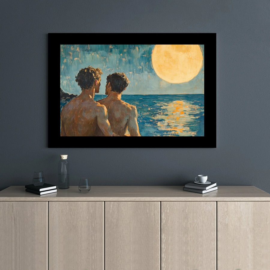 Two Men Watching Full Moon Canvas Art | Romantic Beach Ocean Landscape | Gallery-Wrapped Premium Print | LGBTQ+ Pride Home Decor Wall Gift