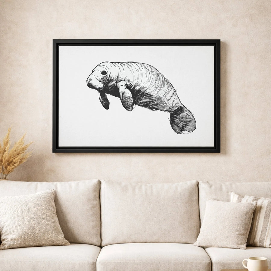 Manatee Wall Art Canvas | Black and White Sea Cow Sketch | Gallery Wrap 1.25 Inch Profile | Minimalist Marine Life Decor for Ocean Lovers