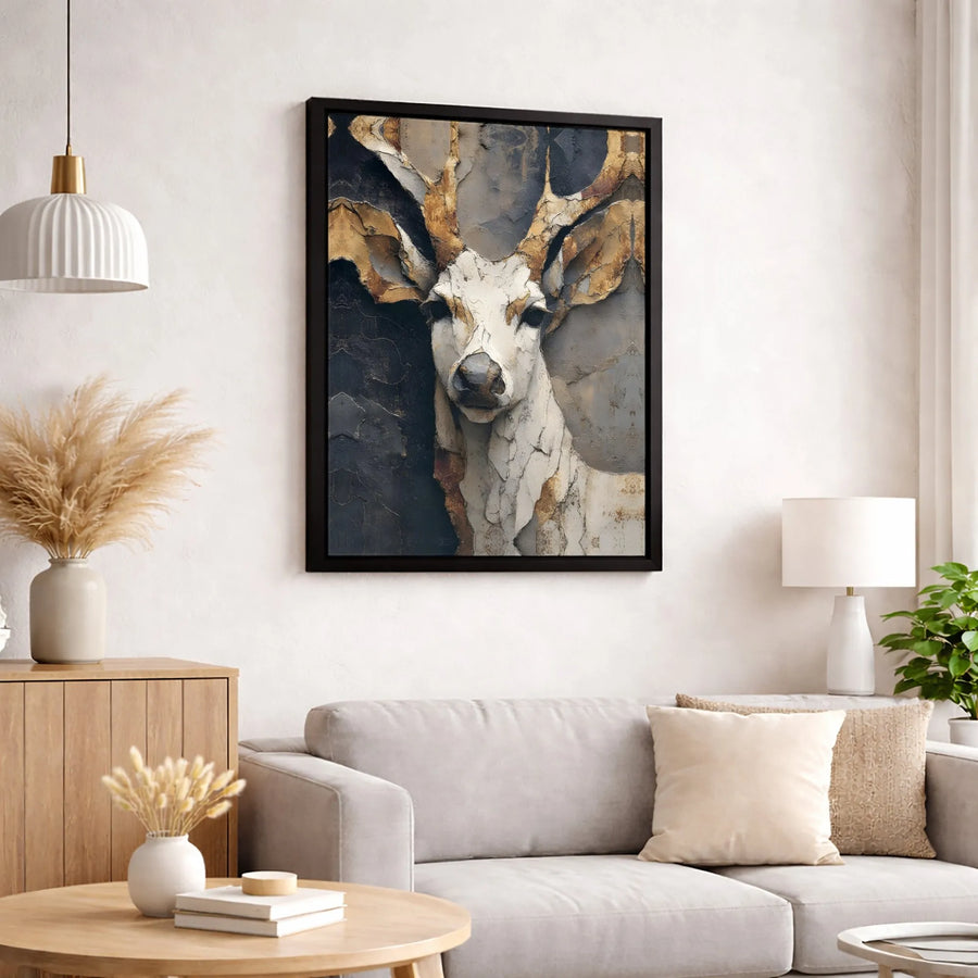 Abstract Deer Canvas Wall Art | Rustic Textured Wildlife Portrait | Gallery-Wrapped Premium Print | Modern Farmhouse Living Room Home Decor